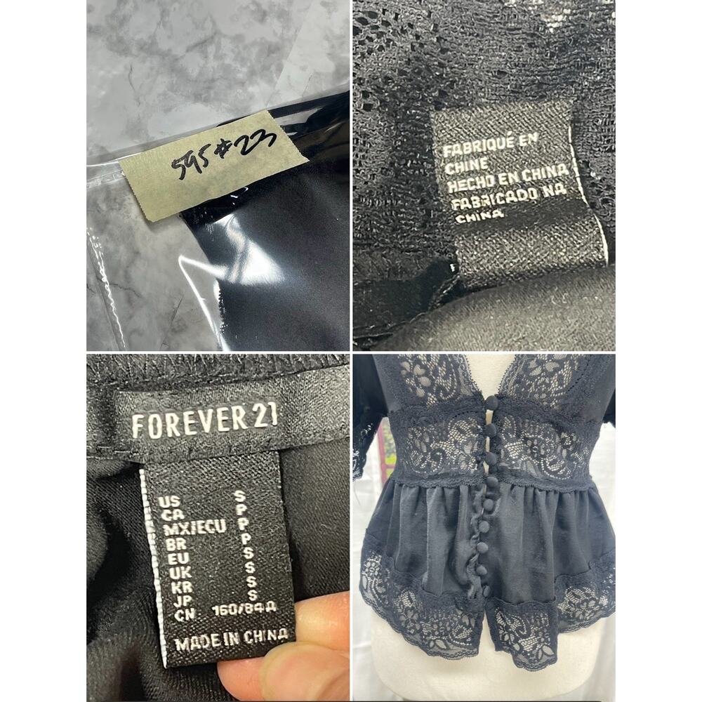 Dark Academia Coquette Black Lace Peplum Top Deep V Gothic Cottagecore Blouse S - Picture 15 of 15